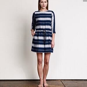 Ace & Jig Kyoto Navy Blue Striped Waist Tie 3/4 Sleeve Short Dress Size Small